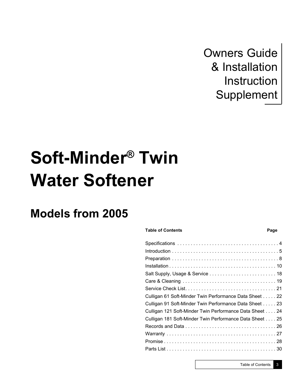 Soft-minder, Twin water softener, Owners guide & installation instruction supplement | Models from 2005 | Culligan Soft-Minder 2005 User Manual | Page 3 / 33