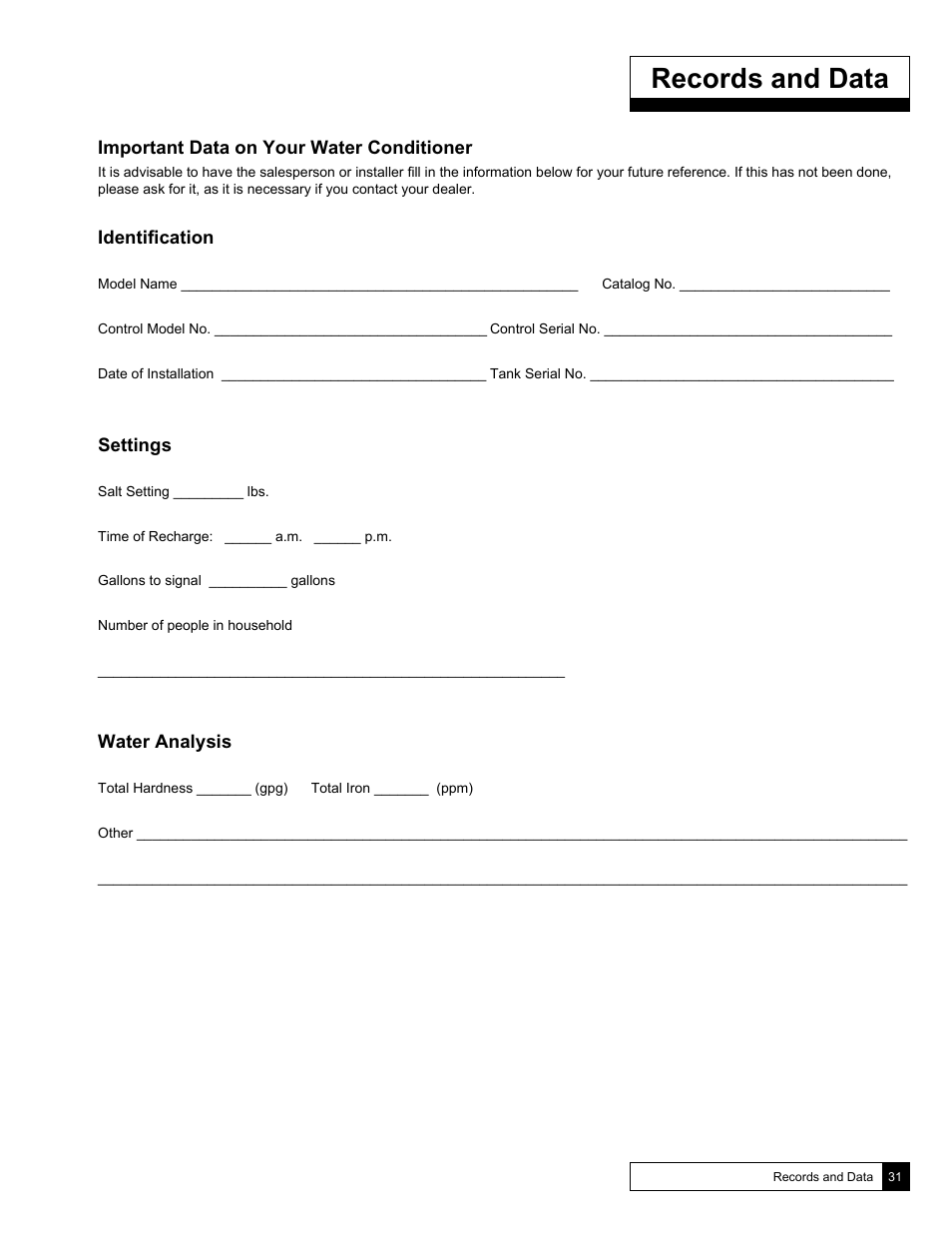 Records and data | Culligan Soft-Minder 2005 User Manual | Page 31 / 33