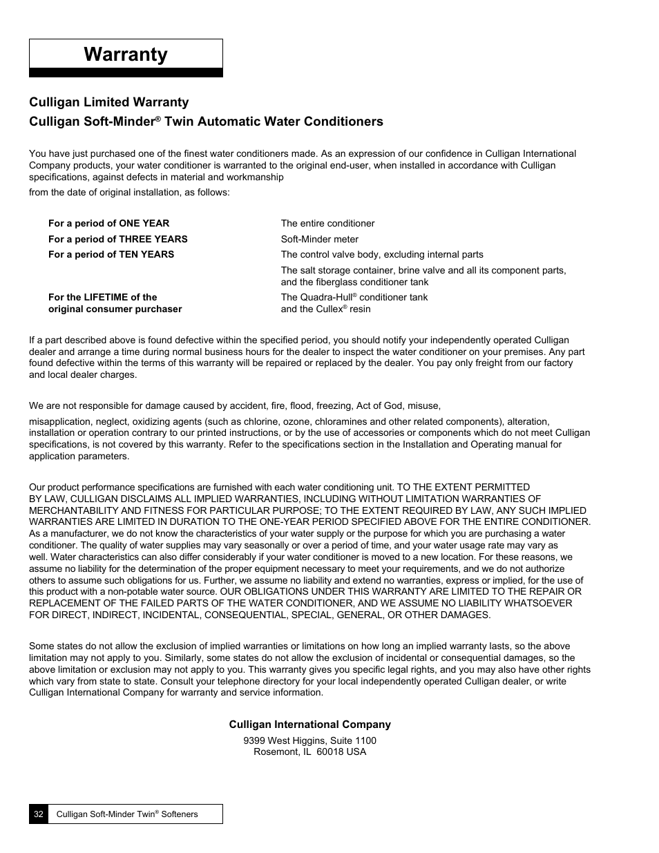 Warranty, Culligan limited warranty culligan soft-minder, Twin automatic water conditioners | Culligan Soft-Minder 2005 User Manual | Page 32 / 33