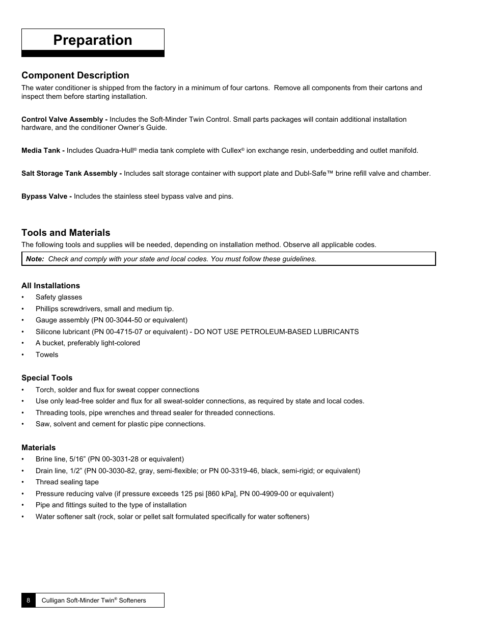 Preparation, Component description, Tools and materials | Culligan Soft-Minder 2005 User Manual | Page 8 / 33