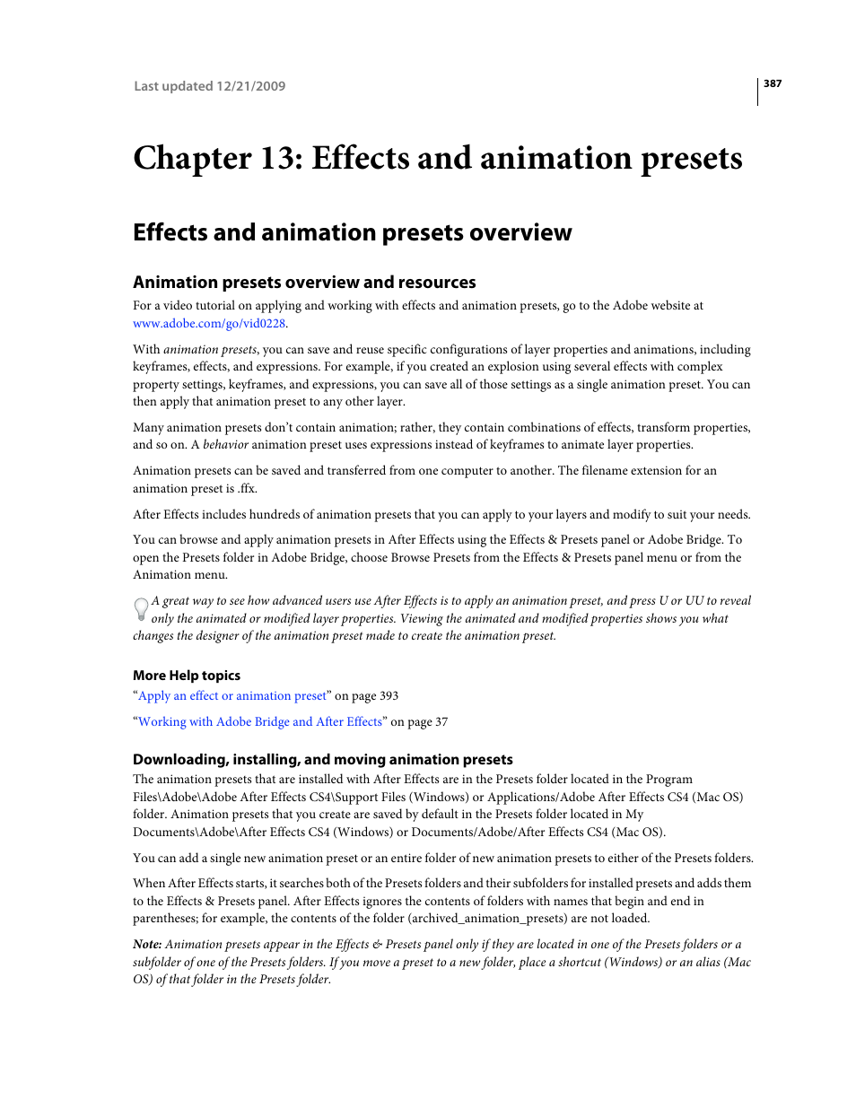 Chapter 13: effects and animation presets, Effects and animation presets overview, Animation presets overview and resources | Adobe After Effects CS4 User Manual | Page 393 / 778