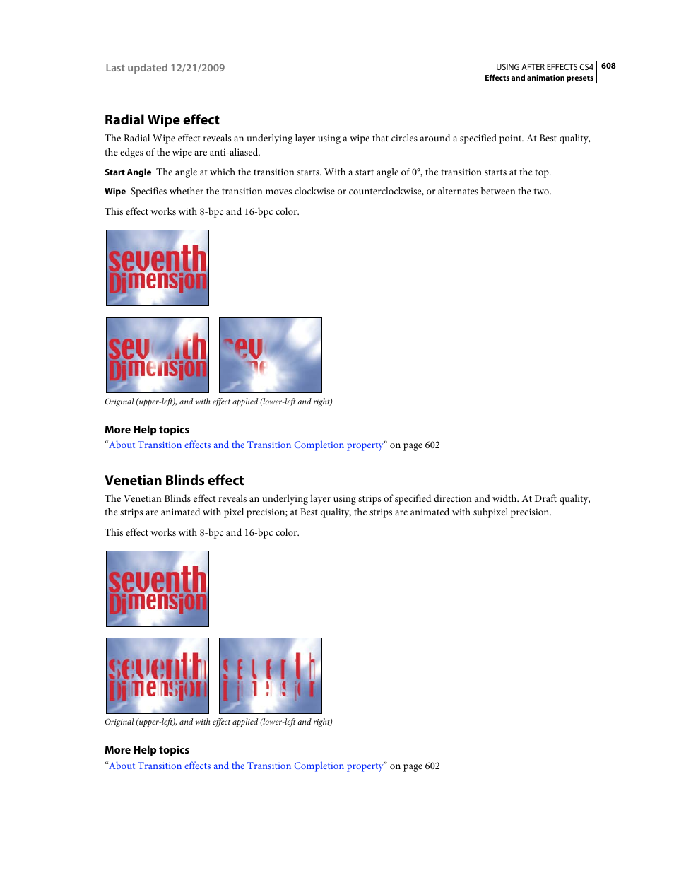 Radial wipe effect, Venetian blinds effect | Adobe After Effects CS4 User Manual | Page 614 / 778