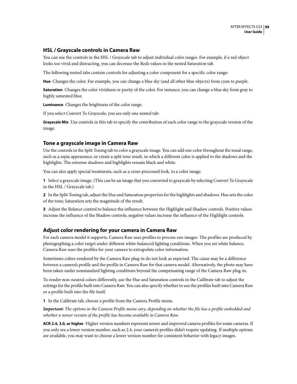 Hsl / grayscale controls in camera raw, Tone a grayscale image in camera raw | Adobe After Effects CS3 User Manual | Page 104 / 677