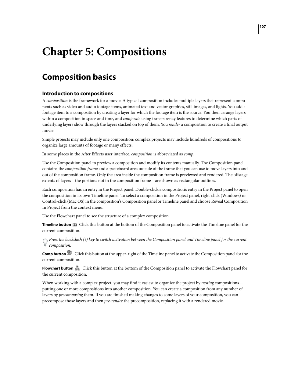 Chapter 5: compositions, Composition basics, Introduction to compositions | Adobe After Effects CS3 User Manual | Page 112 / 677