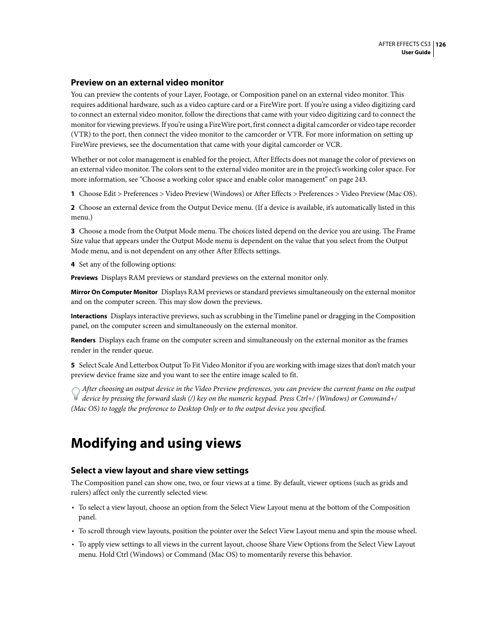 Preview on an external video monitor, Modifying and using views, Select a view layout and share view settings | Adobe After Effects CS3 User Manual | Page 131 / 677