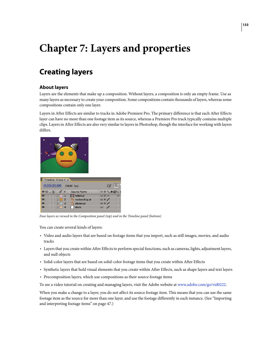 Chapter 7: layers and properties, Creating layers, About layers | Adobe After Effects CS3 User Manual | Page 138 / 677