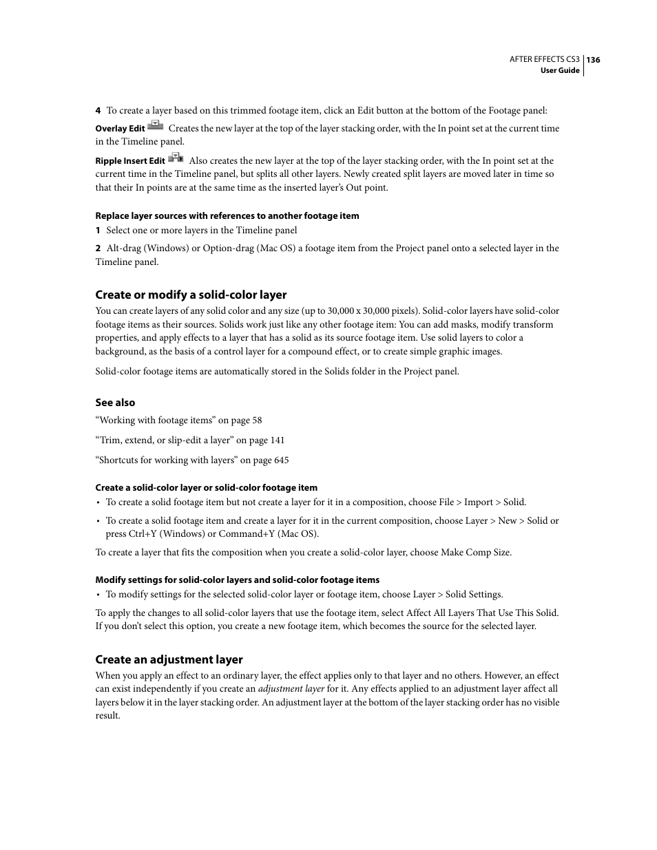 Create or modify a solid-color layer, Create an adjustment layer | Adobe After Effects CS3 User Manual | Page 141 / 677