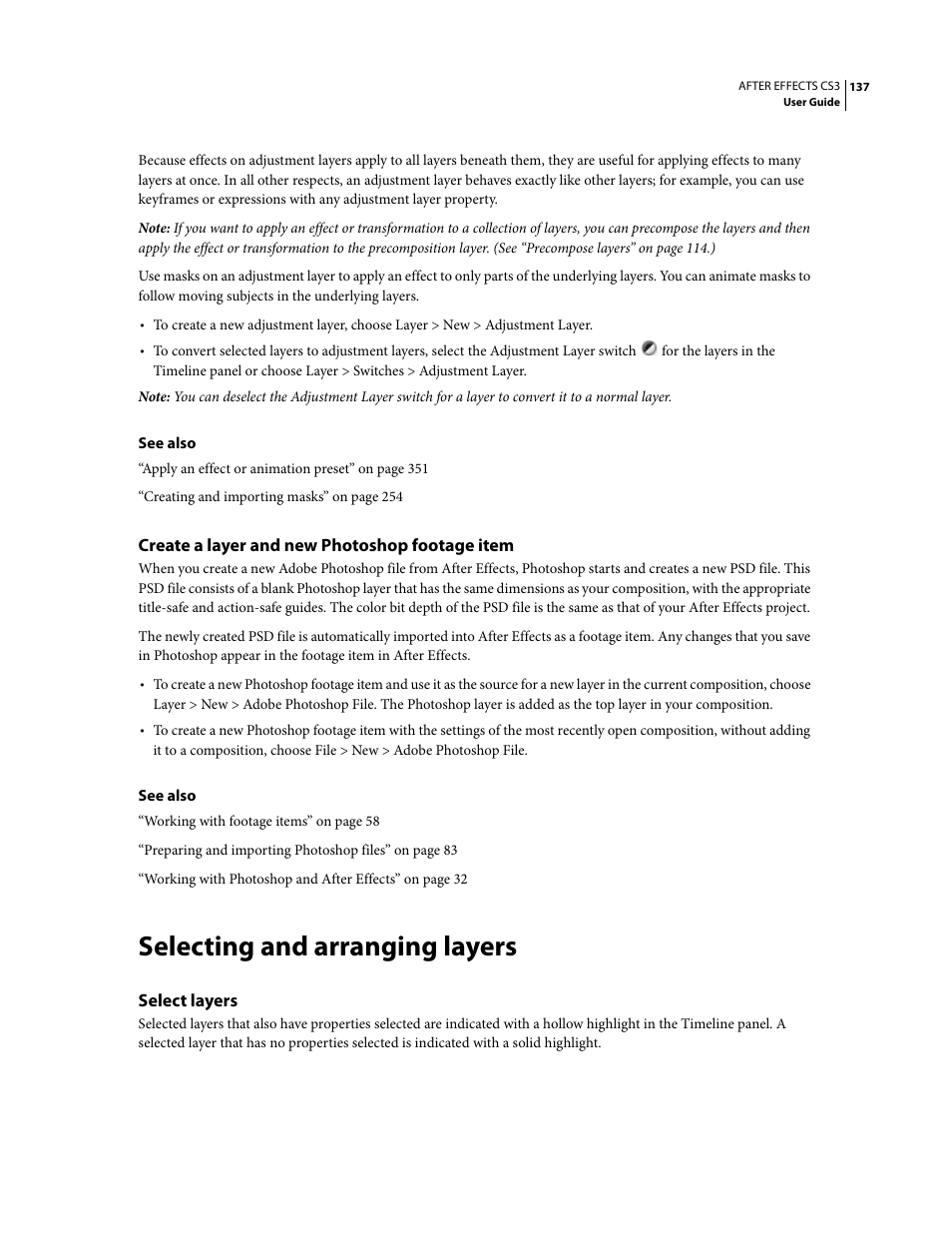 Create a layer and new photoshop footage item, Selecting and arranging layers, Select layers | Adobe After Effects CS3 User Manual | Page 142 / 677