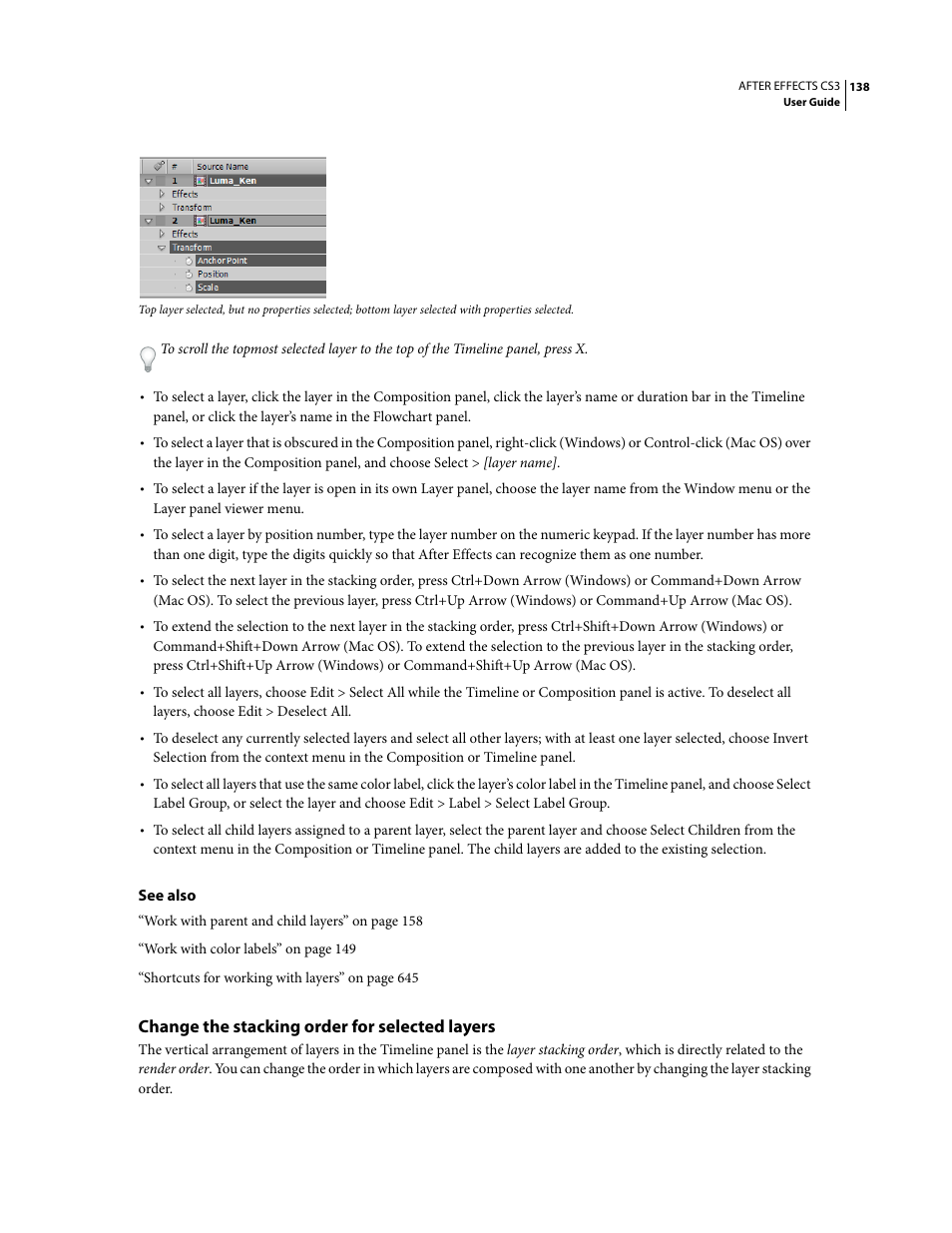 Change the stacking order for selected layers | Adobe After Effects CS3 User Manual | Page 143 / 677