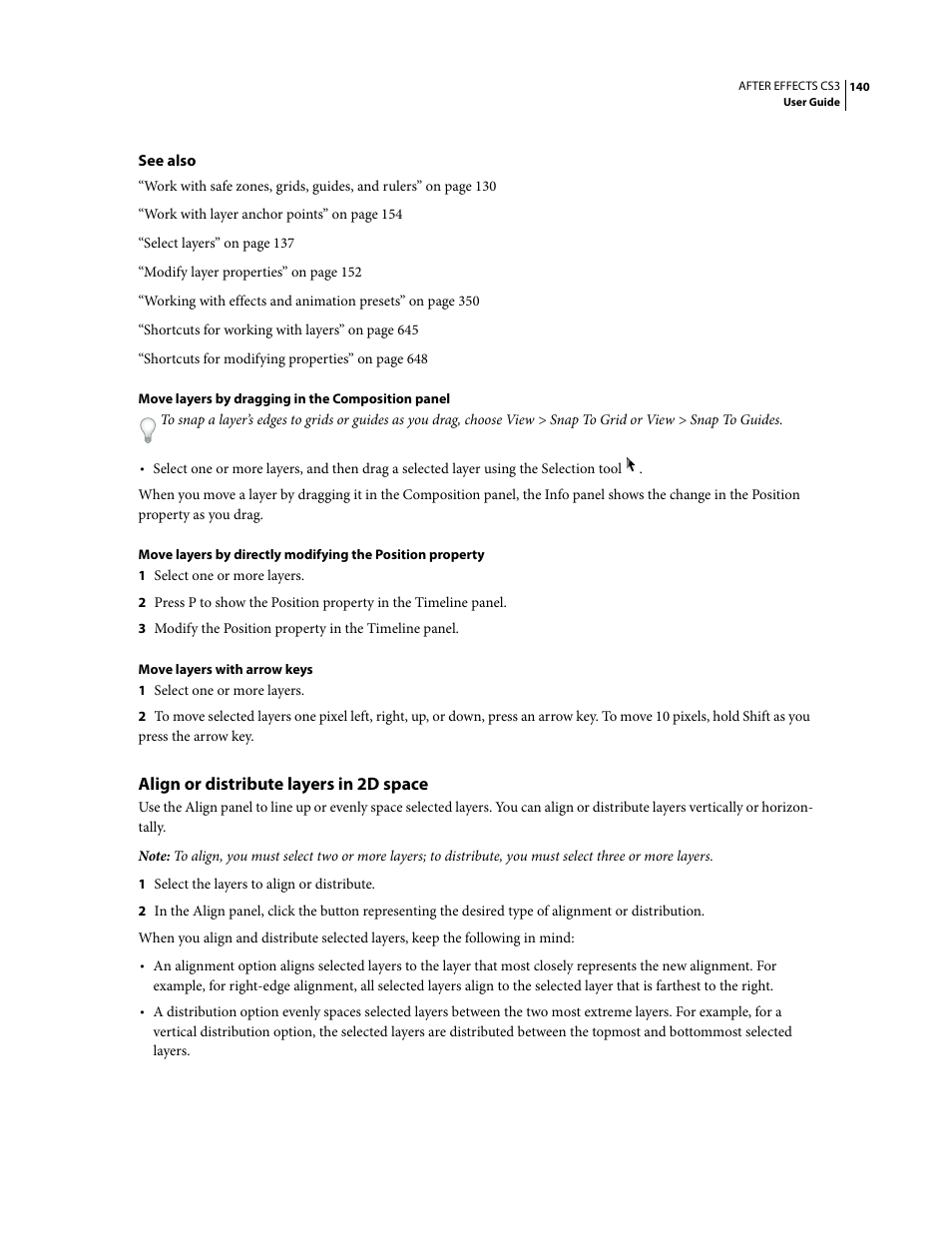 Align or distribute layers in 2d space | Adobe After Effects CS3 User Manual | Page 145 / 677