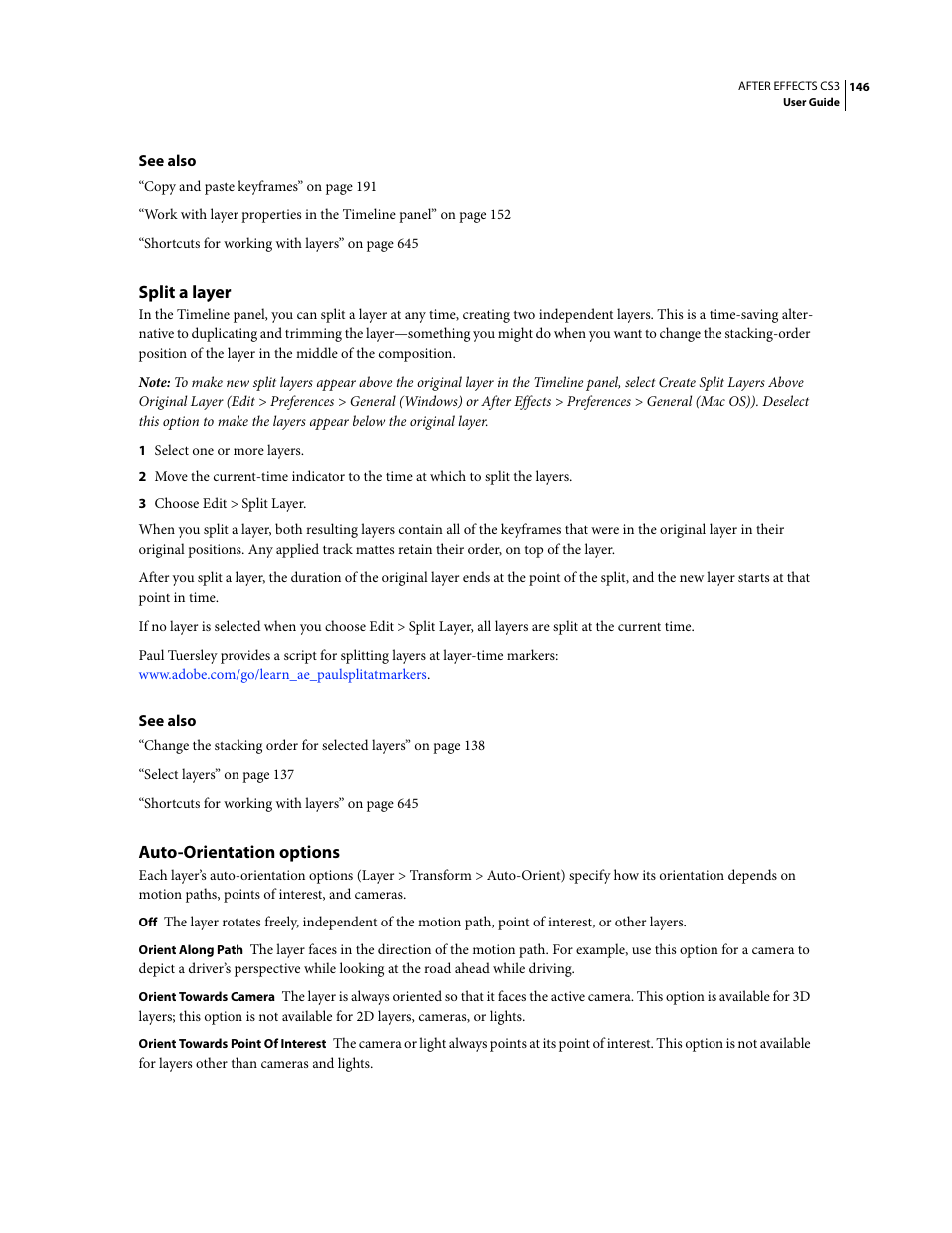 Split a layer, Auto-orientation options | Adobe After Effects CS3 User Manual | Page 151 / 677