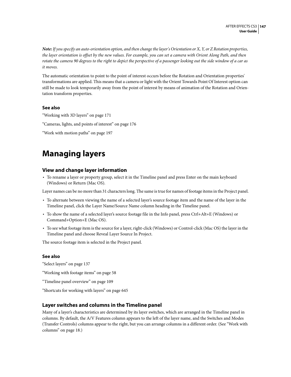 Managing layers, View and change layer information, Layer switches and columns in the timeline panel | Adobe After Effects CS3 User Manual | Page 152 / 677