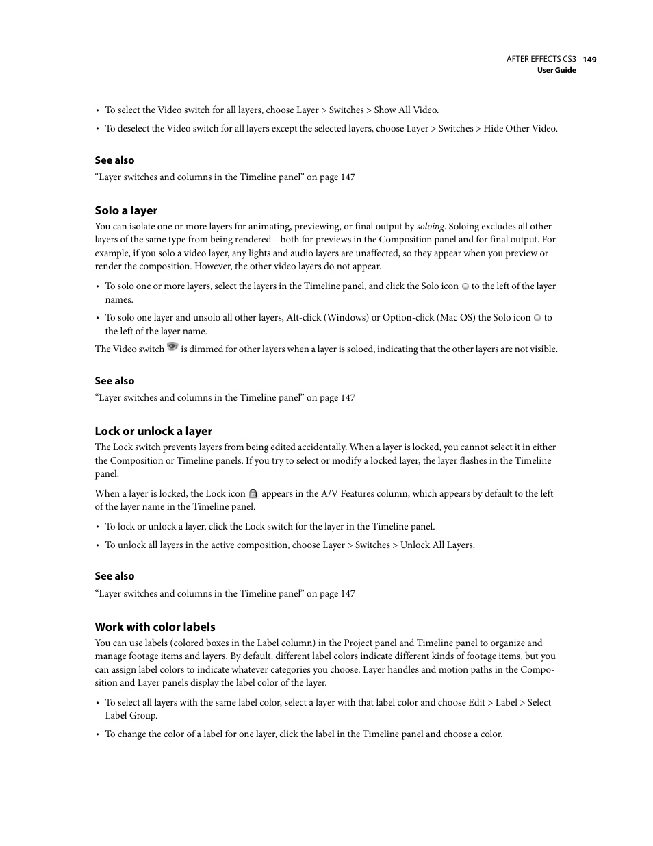Solo a layer, Lock or unlock a layer, Work with color labels | Adobe After Effects CS3 User Manual | Page 154 / 677