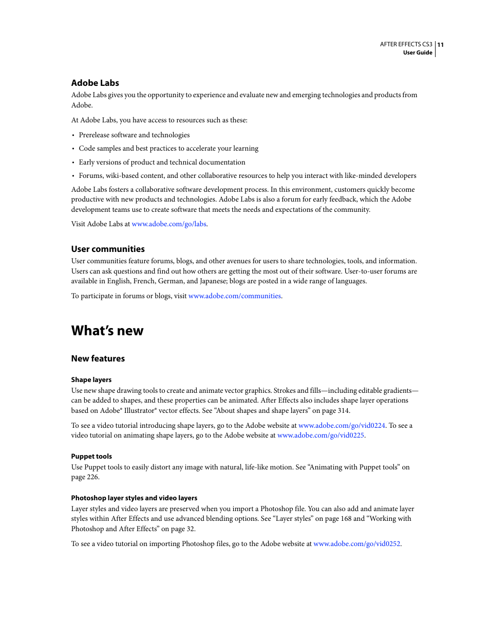 Adobe labs, User communities, What’s new | New features | Adobe After Effects CS3 User Manual | Page 16 / 677