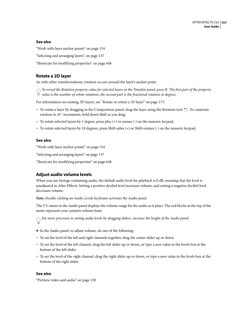 Rotate a 2d layer, Adjust audio volume levels | Adobe After Effects CS3 User Manual | Page 162 / 677