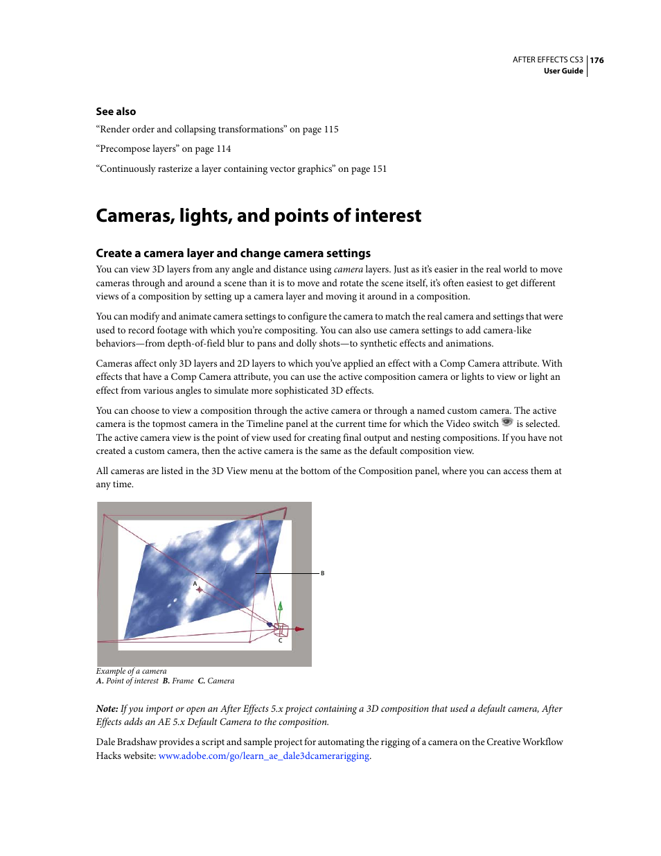 Cameras, lights, and points of interest, Create a camera layer and change camera settings | Adobe After Effects CS3 User Manual | Page 181 / 677