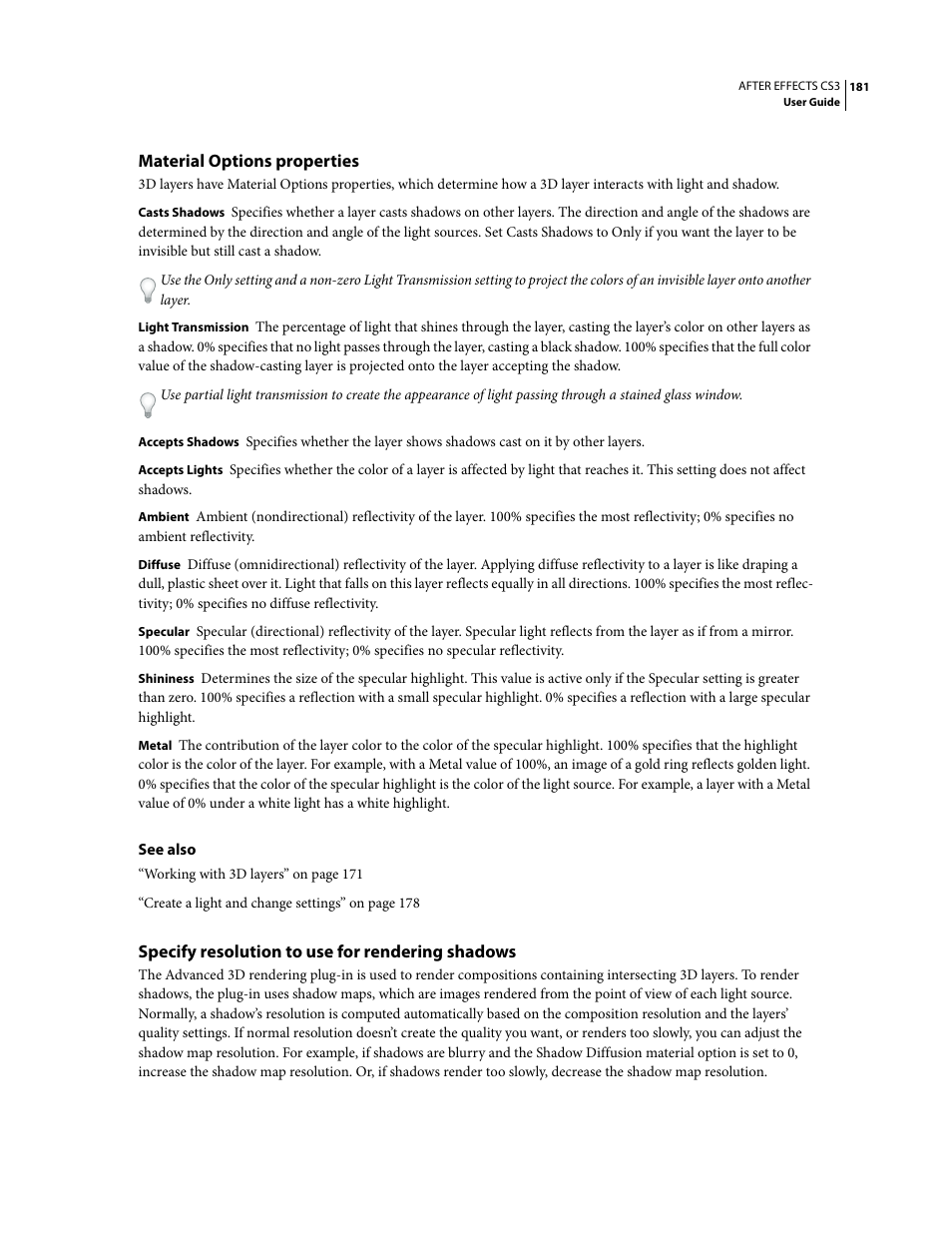 Material options properties, Specify resolution to use for rendering shadows | Adobe After Effects CS3 User Manual | Page 186 / 677