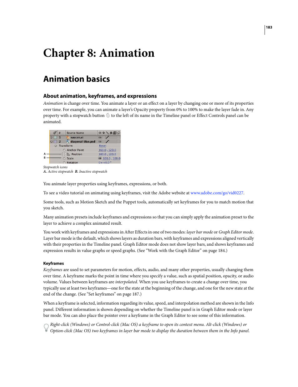 Chapter 8: animation, Animation basics, About animation, keyframes, and expressions | Adobe After Effects CS3 User Manual | Page 188 / 677