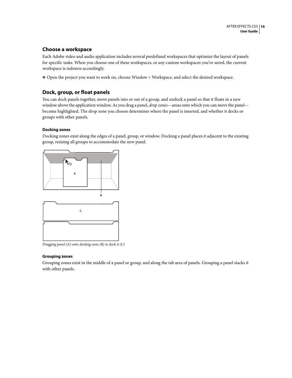 Choose a workspace, Dock, group, or float panels | Adobe After Effects CS3 User Manual | Page 19 / 677