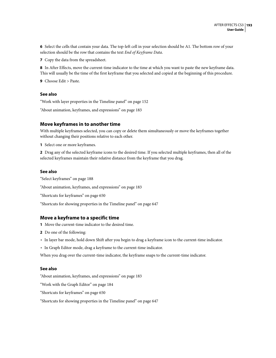 Move keyframes in to another time, Move a keyframe to a specific time | Adobe After Effects CS3 User Manual | Page 198 / 677