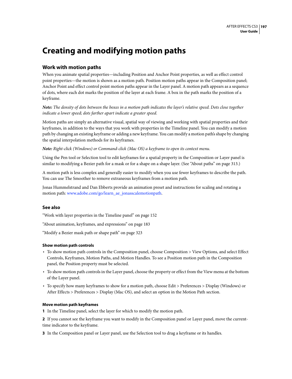 Creating and modifying motion paths, Work with motion paths | Adobe After Effects CS3 User Manual | Page 202 / 677