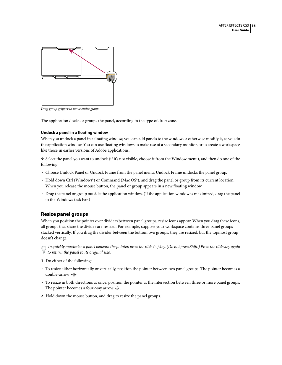 Resize panel groups | Adobe After Effects CS3 User Manual | Page 21 / 677