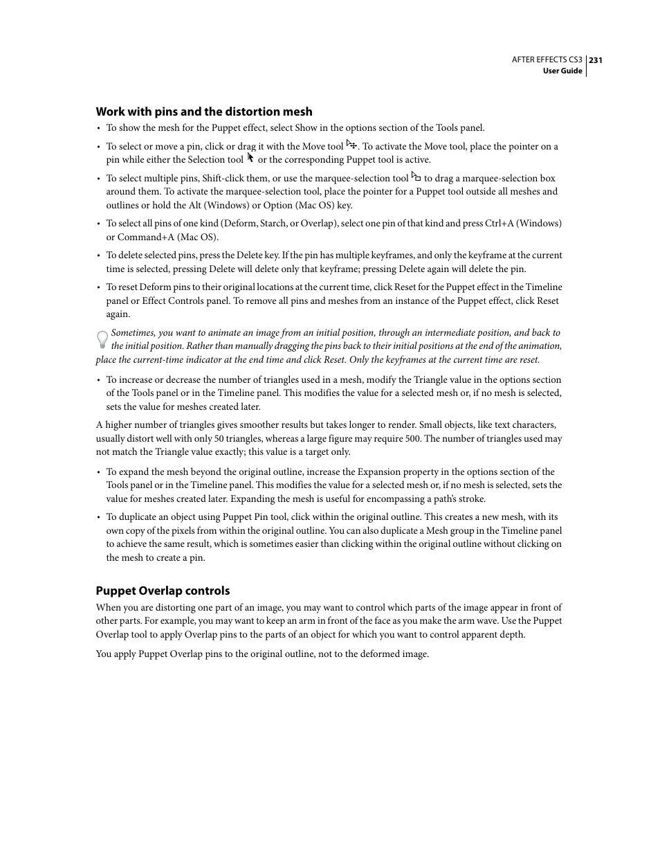 Work with pins and the distortion mesh, Puppet overlap controls | Adobe After Effects CS3 User Manual | Page 236 / 677