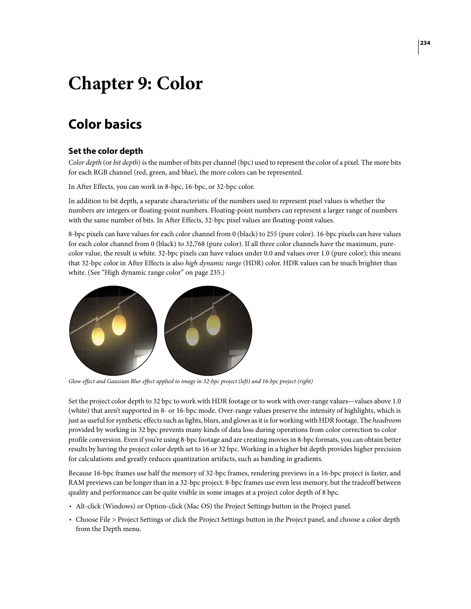 Chapter 9: color, Color basics, Set the color depth | Adobe After Effects CS3 User Manual | Page 239 / 677