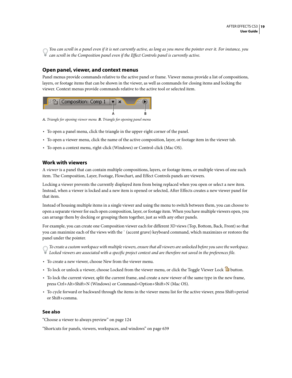 Open panel, viewer, and context menus, Work with viewers | Adobe After Effects CS3 User Manual | Page 24 / 677