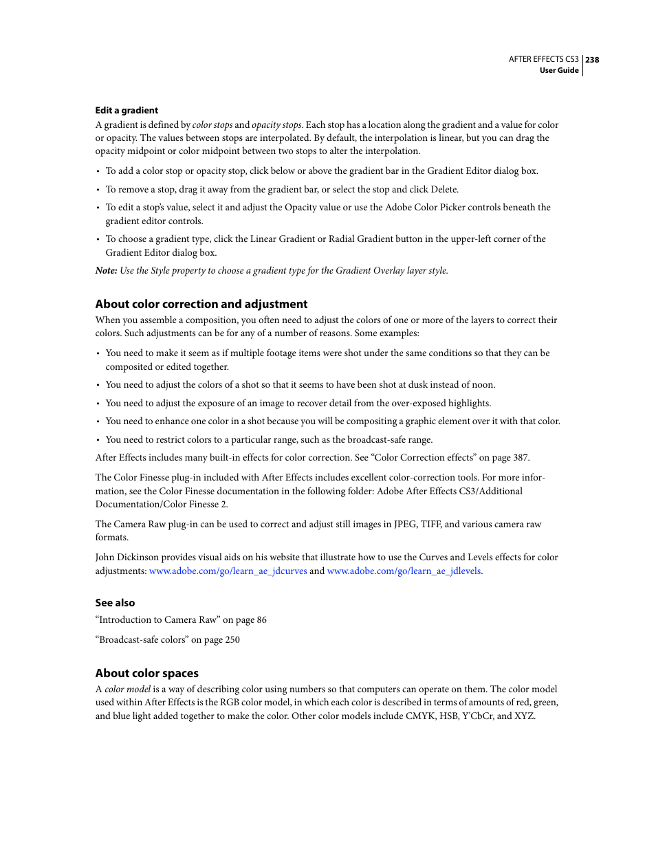 About color correction and adjustment, About color spaces | Adobe After Effects CS3 User Manual | Page 243 / 677