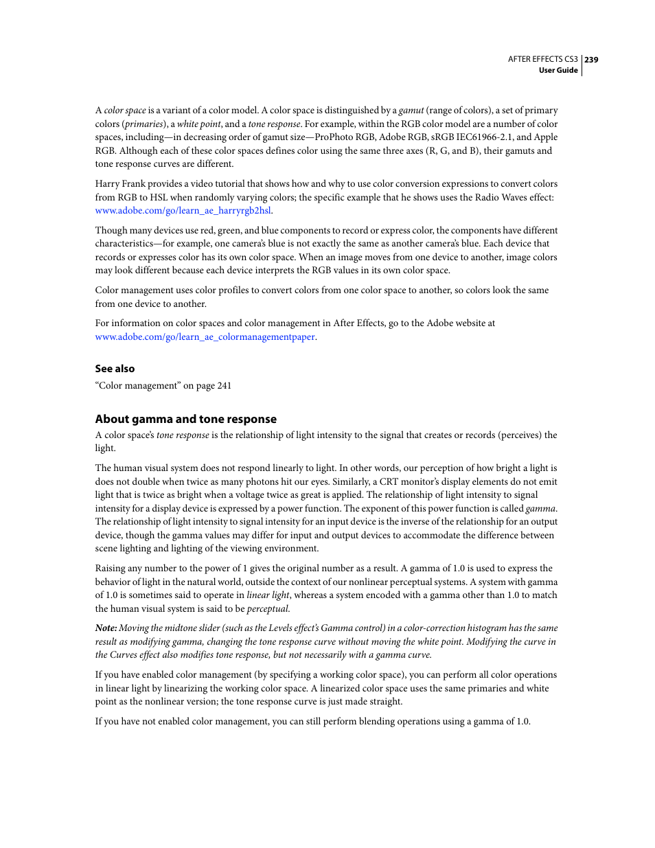 About gamma and tone response | Adobe After Effects CS3 User Manual | Page 244 / 677
