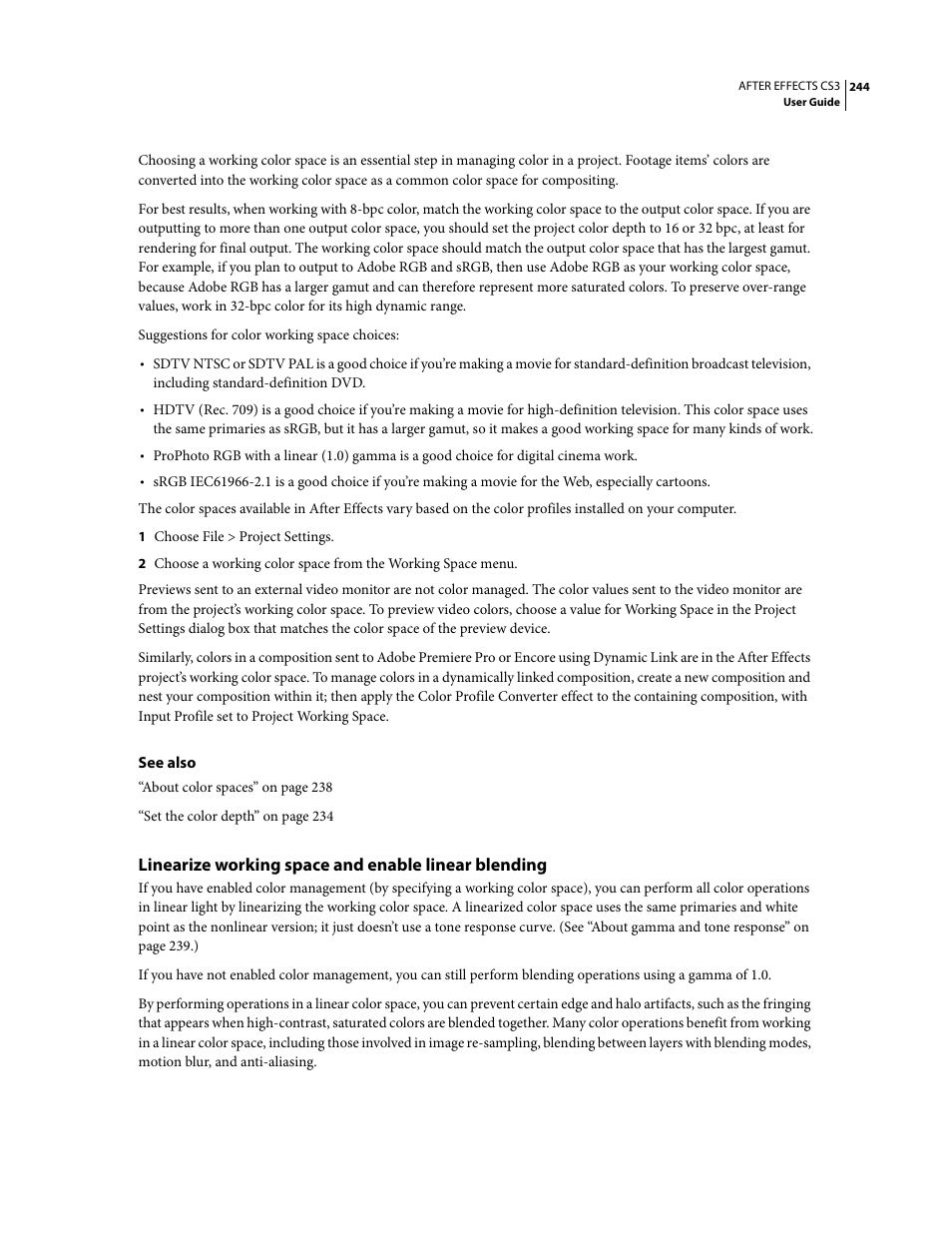 Linearize working space and enable linear blending | Adobe After Effects CS3 User Manual | Page 249 / 677