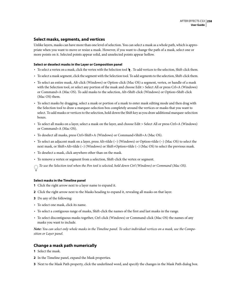 Select masks, segments, and vertices, Change a mask path numerically | Adobe After Effects CS3 User Manual | Page 263 / 677