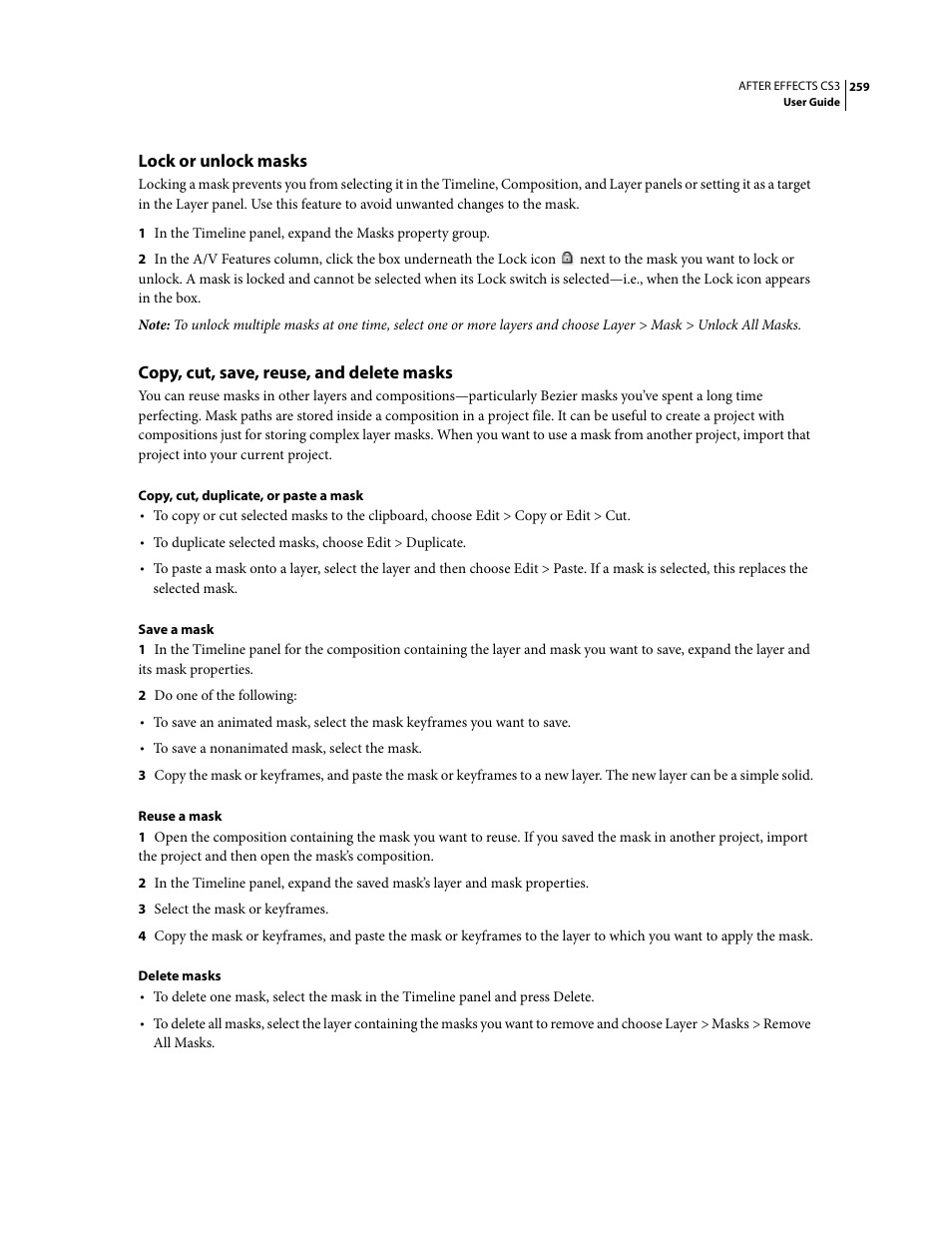 Lock or unlock masks, Copy, cut, save, reuse, and delete masks | Adobe After Effects CS3 User Manual | Page 264 / 677