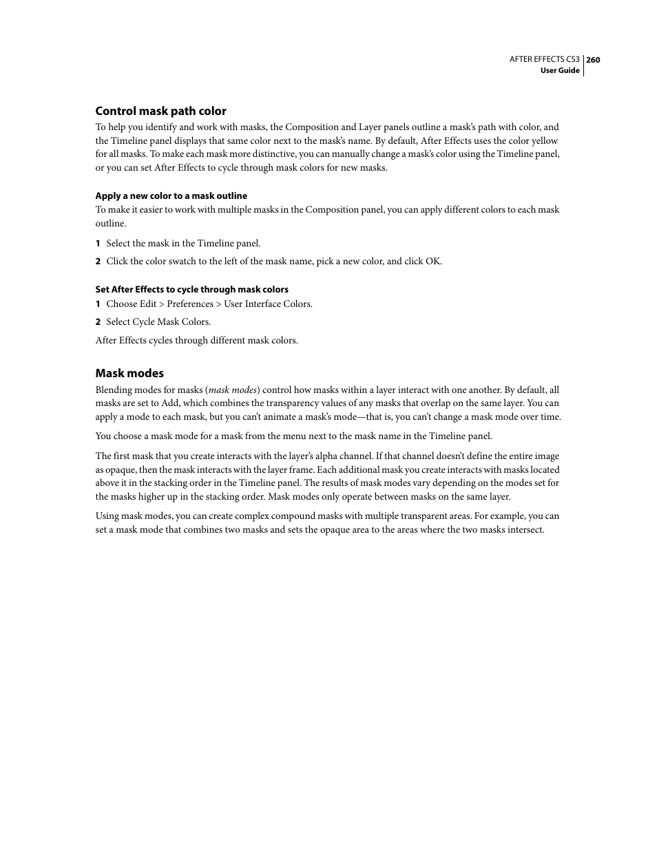 Control mask path color, Mask modes | Adobe After Effects CS3 User Manual | Page 265 / 677