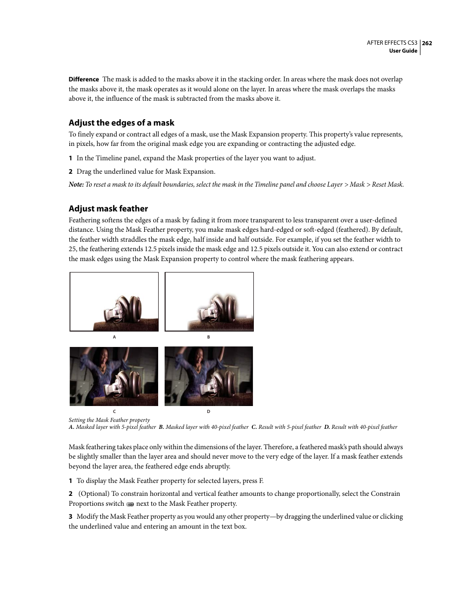 Adjust the edges of a mask, Adjust mask feather | Adobe After Effects CS3 User Manual | Page 267 / 677