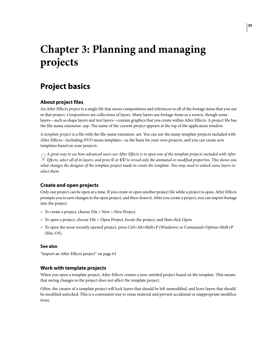 Chapter 3: planning and managing projects, Project basics, About project files | Create and open projects, Work with template projects | Adobe After Effects CS3 User Manual | Page 28 / 677