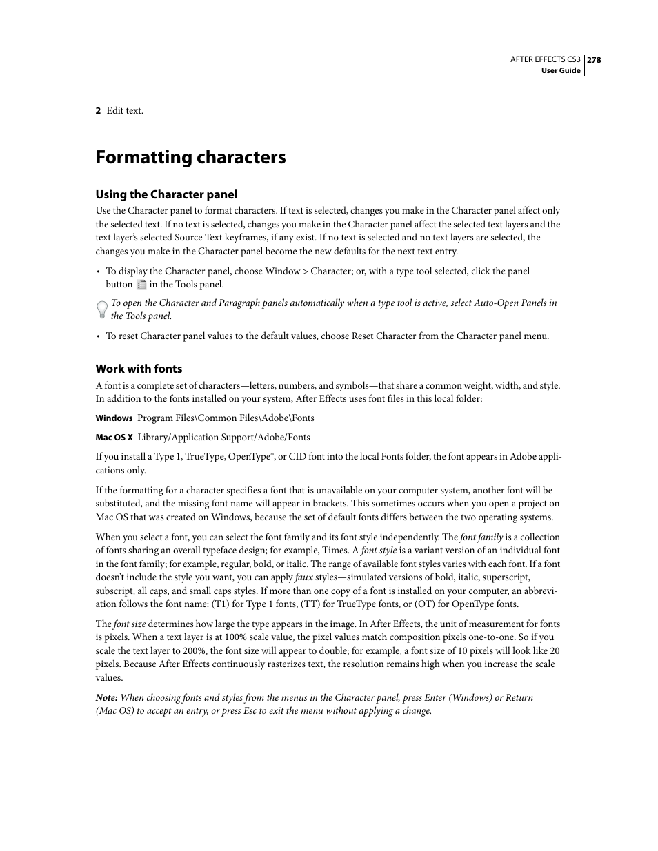 Formatting characters, Using the character panel, Work with fonts | Adobe After Effects CS3 User Manual | Page 283 / 677