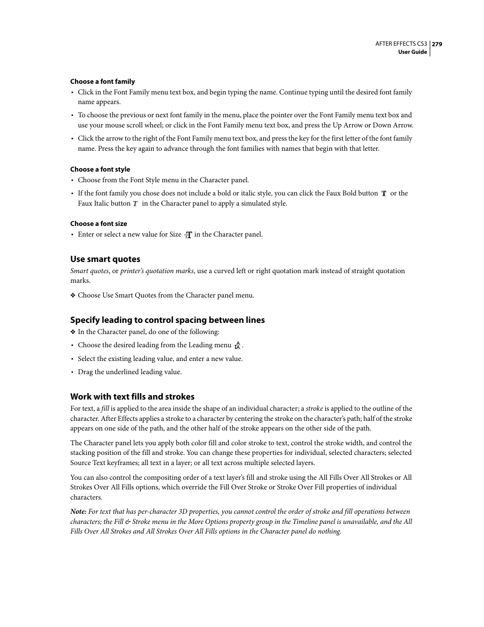 Use smart quotes, Specify leading to control spacing between lines, Work with text fills and strokes | Adobe After Effects CS3 User Manual | Page 284 / 677