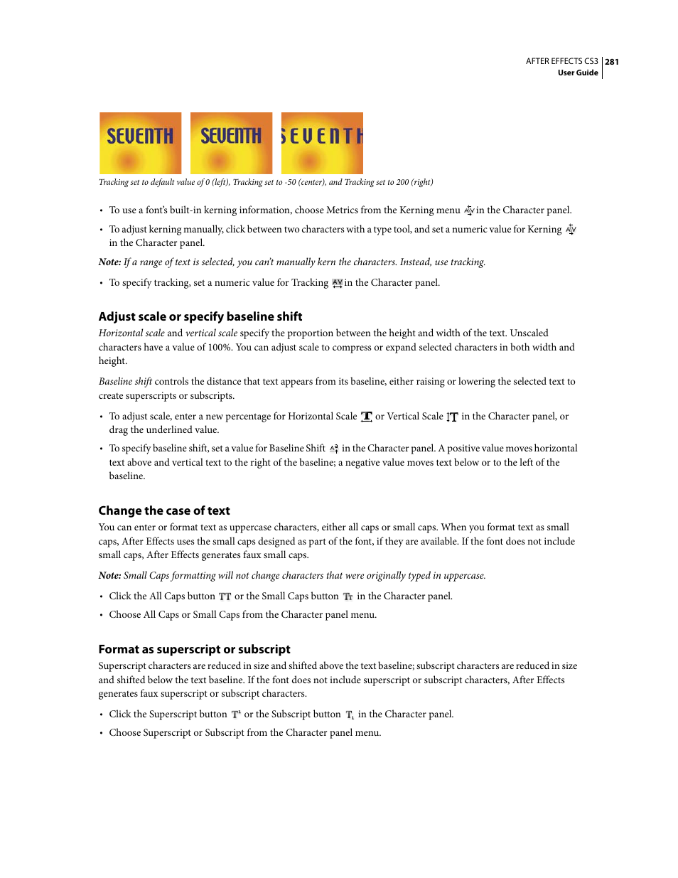 Adjust scale or specify baseline shift, Change the case of text, Format as superscript or subscript | Adobe After Effects CS3 User Manual | Page 286 / 677