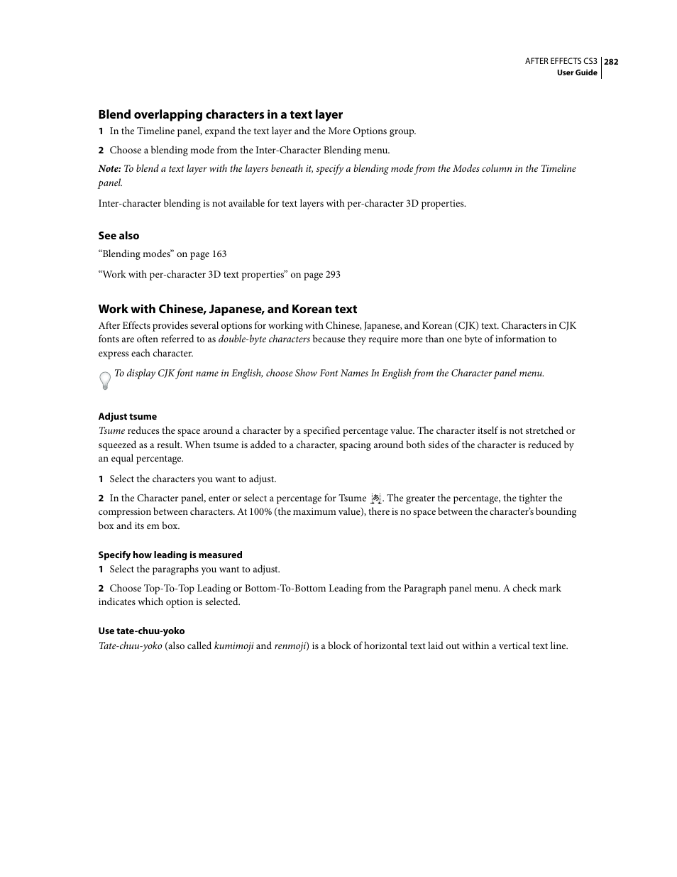 Blend overlapping characters in a text layer, Work with chinese, japanese, and korean text | Adobe After Effects CS3 User Manual | Page 287 / 677