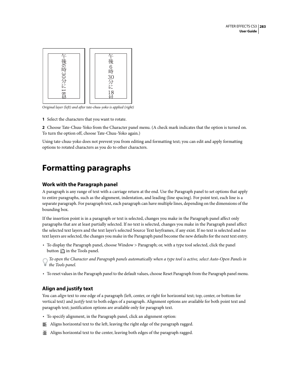 Formatting paragraphs, Work with the paragraph panel, Align and justify text | Adobe After Effects CS3 User Manual | Page 288 / 677