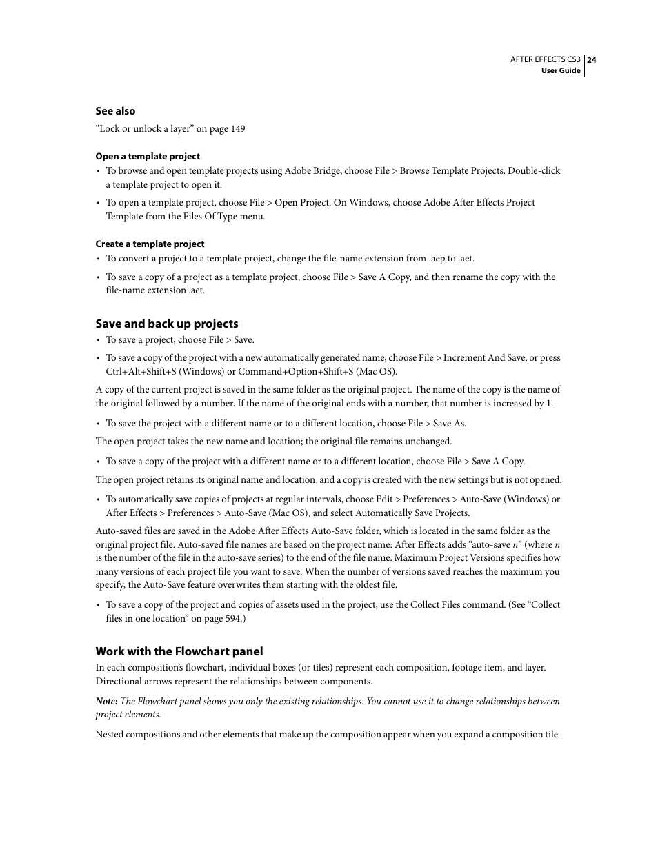 Save and back up projects, Work with the flowchart panel | Adobe After Effects CS3 User Manual | Page 29 / 677