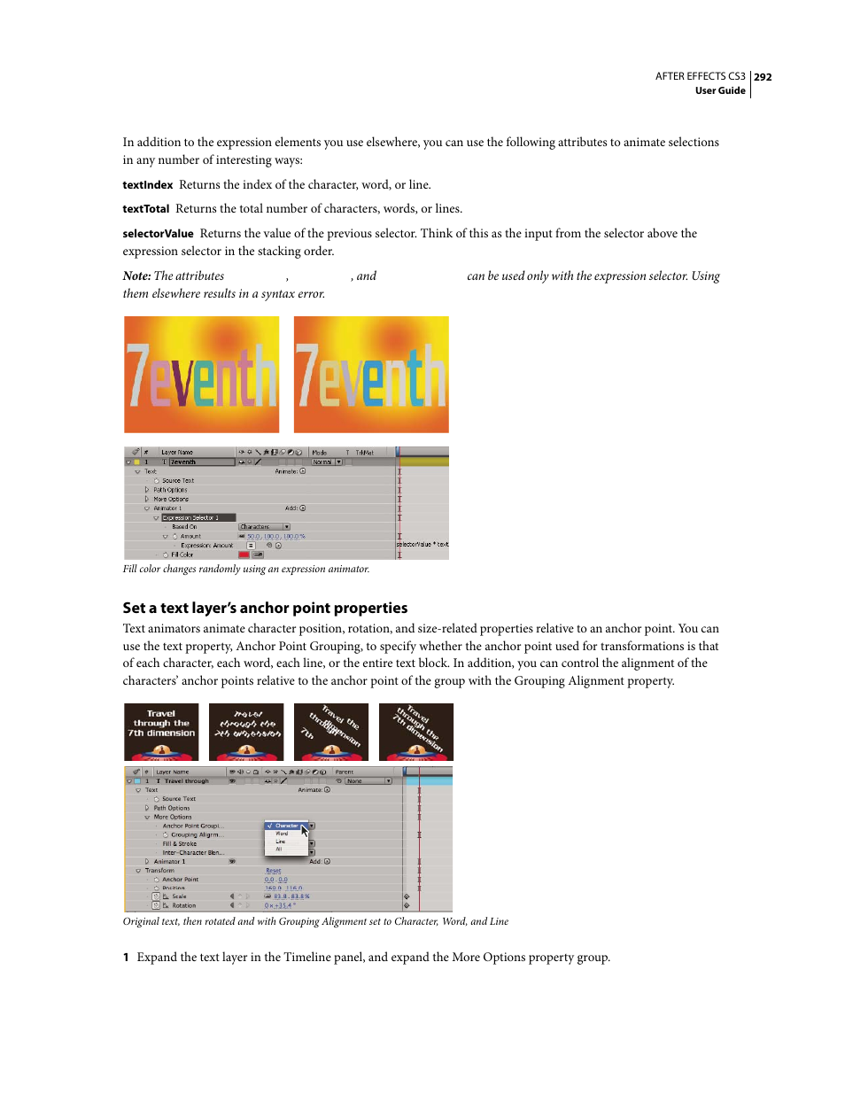 Set a text layer’s anchor point properties | Adobe After Effects CS3 User Manual | Page 297 / 677