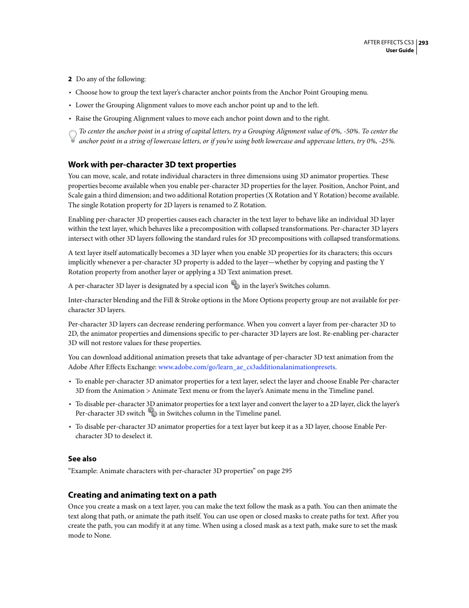 Work with per-character 3d text properties, Creating and animating text on a path | Adobe After Effects CS3 User Manual | Page 298 / 677