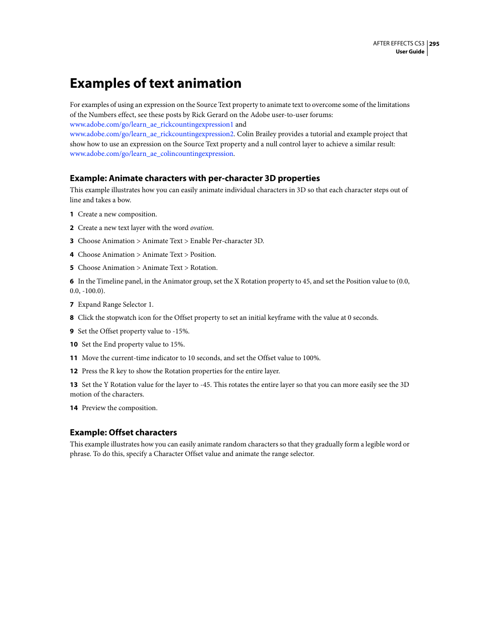 Examples of text animation, Example: offset characters | Adobe After Effects CS3 User Manual | Page 300 / 677