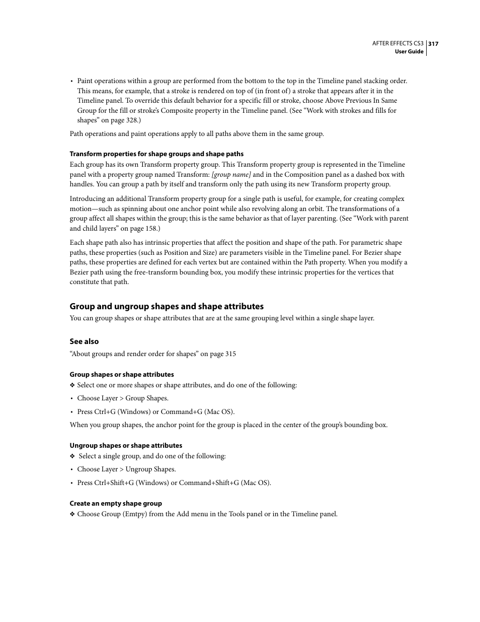 Group and ungroup shapes and shape attributes | Adobe After Effects CS3 User Manual | Page 322 / 677