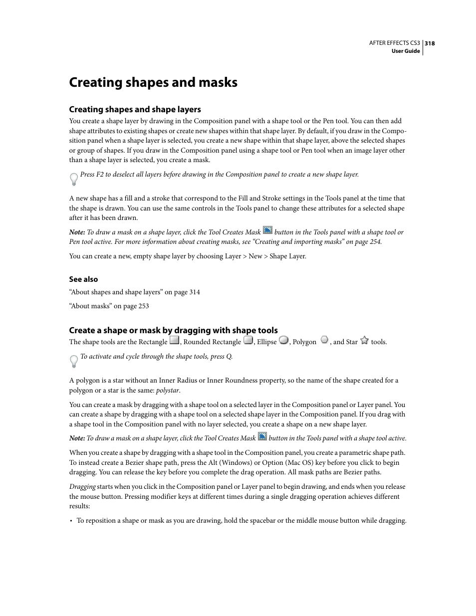 Creating shapes and masks, Creating shapes and shape layers | Adobe After Effects CS3 User Manual | Page 323 / 677