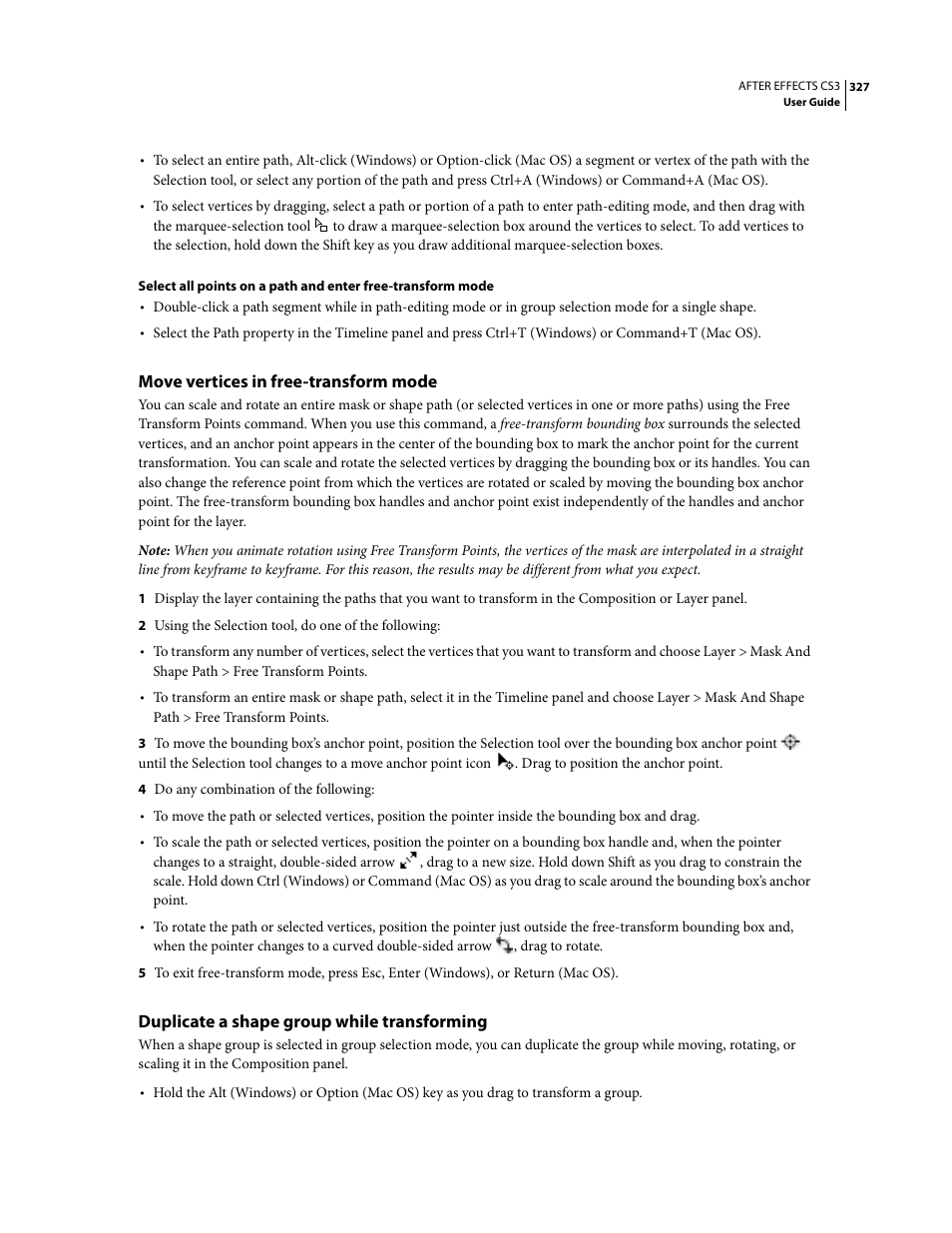 Move vertices in free-transform mode, Duplicate a shape group while transforming | Adobe After Effects CS3 User Manual | Page 332 / 677
