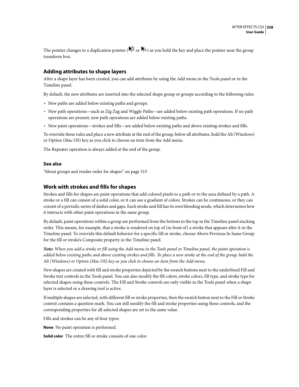 Adding attributes to shape layers, Work with strokes and fills for shapes | Adobe After Effects CS3 User Manual | Page 333 / 677